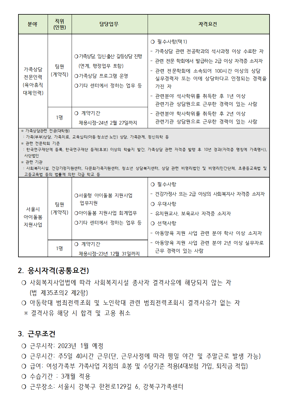 (제2023-002호) 2023년 강북구가족센터 직원 채용 공고